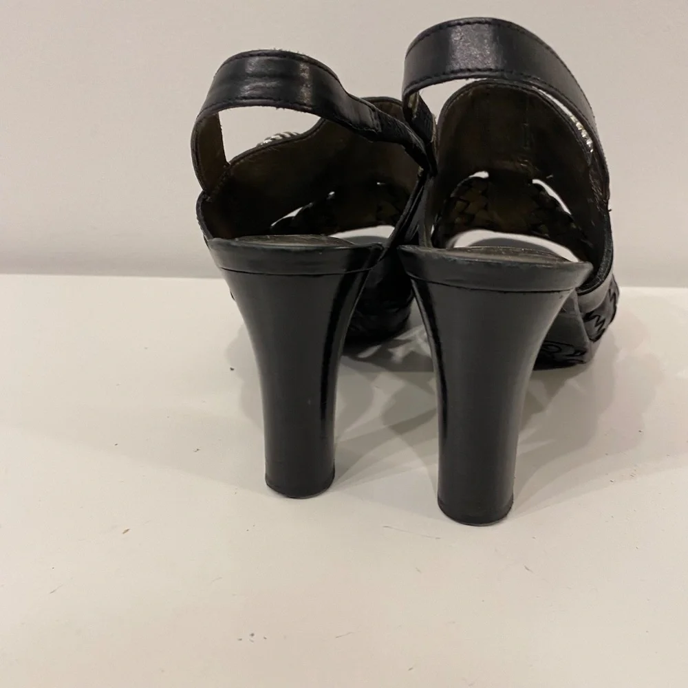 Brighton‎ Black Leather Braided Slingback Heeled Sandals Silver Hardware Buckle